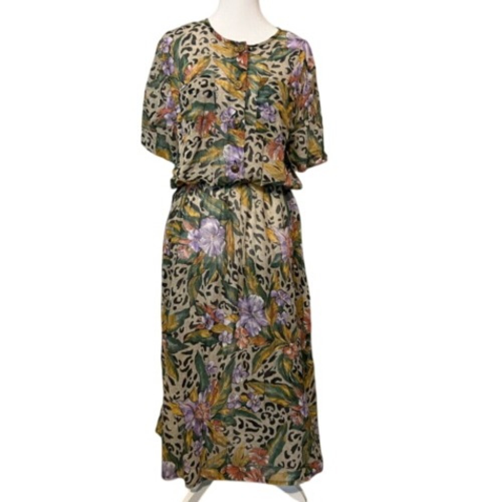 Vintage 1980s Sheer Floral Dress Elastic Waist Button Top 16 USA 80s Cottagecore